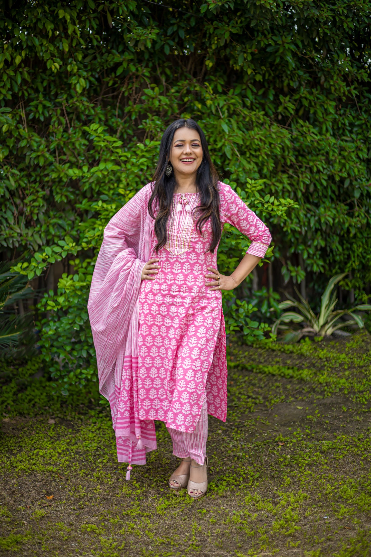 Pink Cotton Handblock printed suit with pant and dupatta - Set of 3