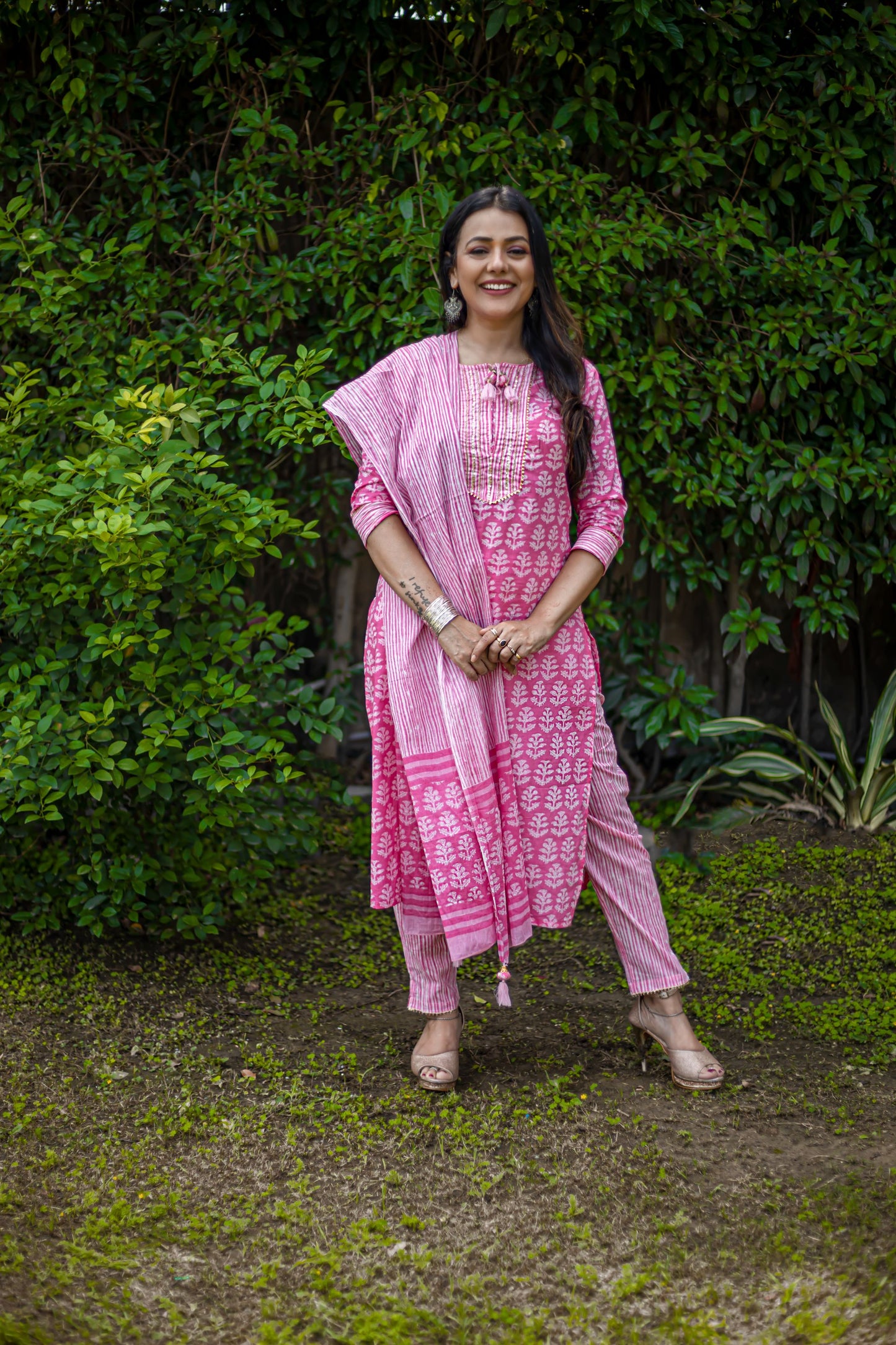 Pink Cotton Handblock printed suit with pant and dupatta - Set of 3